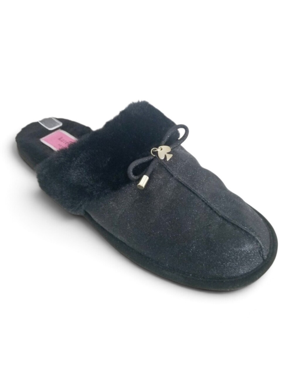 Kate Spade New York Slippers M Lacey Glitter Faux Fur Bow Charm Black House Shoe